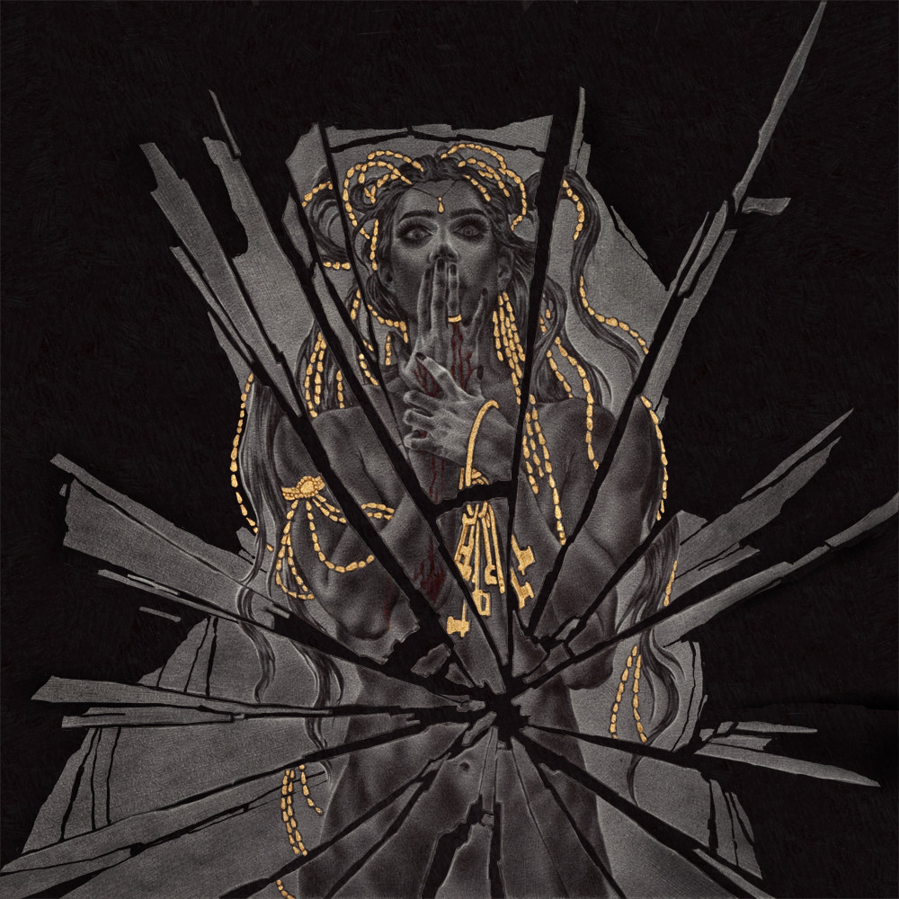 Bluebeard's Bride art: the Bride seen through shattered glass, holding a ring of keys