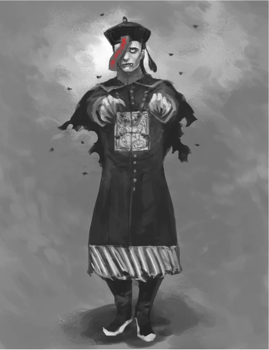 A jiangshi in Qing dynasty official's robes and hat, arms outstretched, a red paper talisman hanging over its face