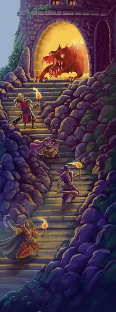 Maze Rats art: torch-bearing adventurers climbing a rocky stairway toward a fanged red monster in a glowing tower doorway